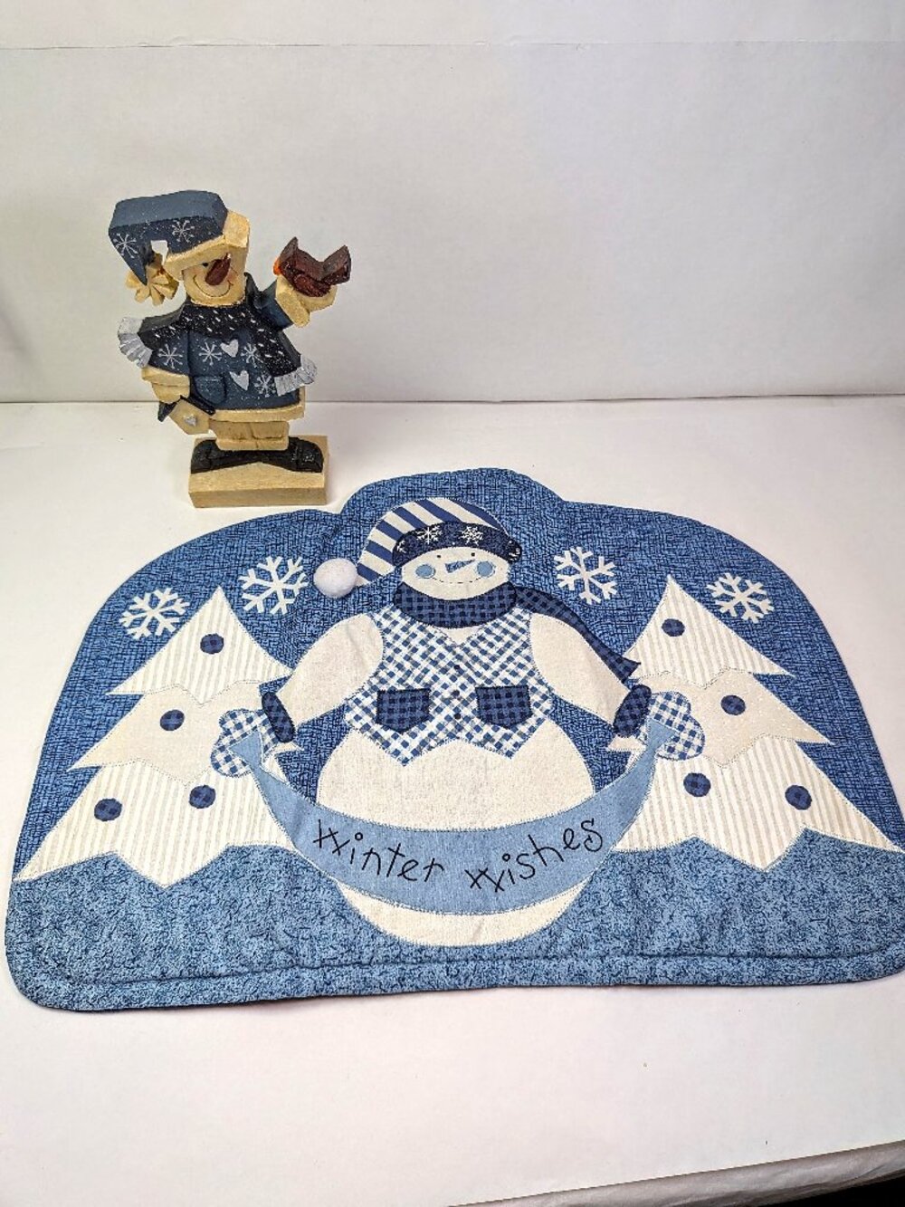 VTG Blue Cream Snowman Decor Bundle Resin Carved Figurine Placemat Wall Hanging